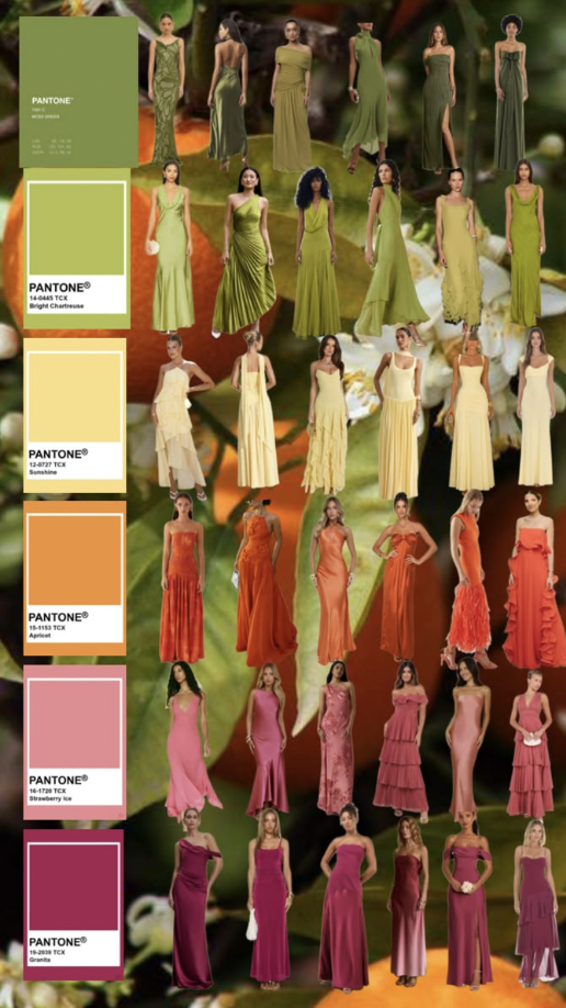 Formal dresses in olive, citrus, pink, and berry tones