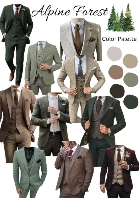 Formal suits in forest green, brown, taupe, and burgundy